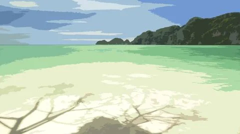 Sunny day on the beach, shadow of tree on ripple wave with seascape Stock Illustration