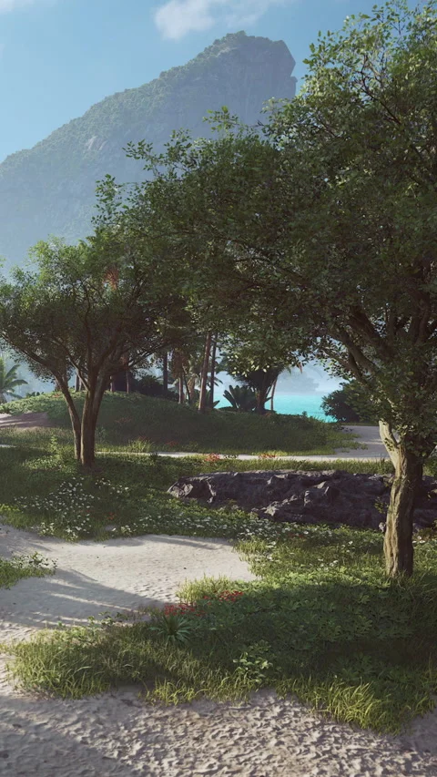 Sunny day at a beach with trees and mountains in the background Stock Footage 342150821