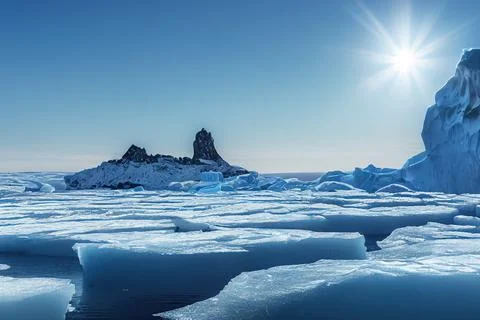 A sunny day in cold Antarctica. Antarctic icebergs. Reflection of icebergs in Stock Illustration
