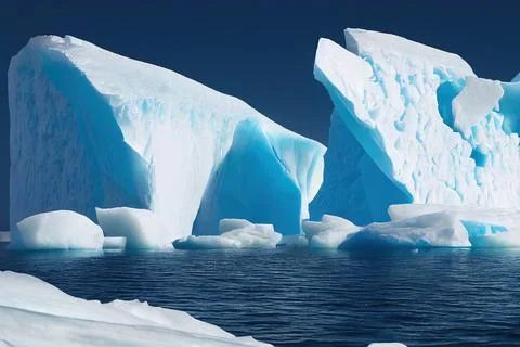 A sunny day in cold Antarctica. Antarctic icebergs. Reflection of icebergs in Stock Illustration