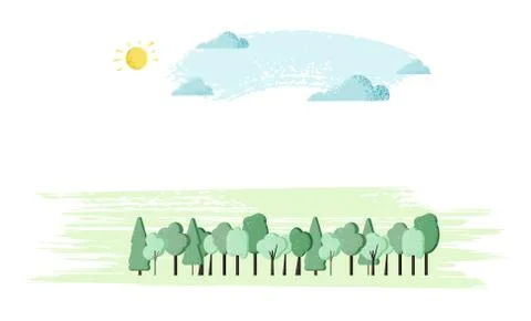 Sunny day composition background. Flat green trees, sun, clouds shape with de Stock Illustration