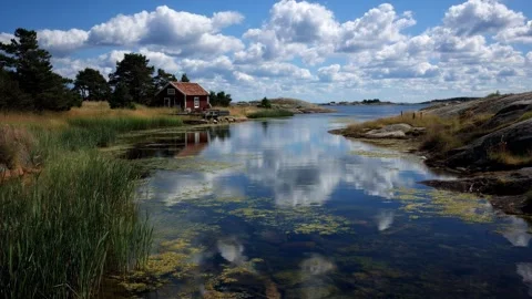Sunny day in the countryside. A small rustic house by the river with clouds Stock Footage 314649649