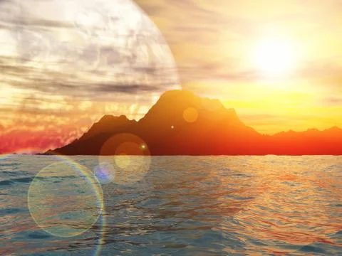 Sunny day on exoplanet. 3D rendering Stock Illustration
