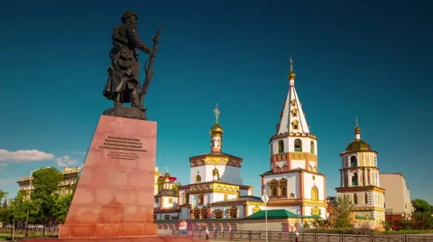 Sunny day irkutsk main square monument 4k time lapse siberia russia Stock Footage 48551854