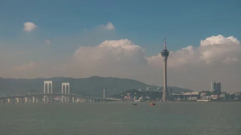Sunny day macau tower traffic bridge bay panorama 4k time lapse china Stock Footage 75483603