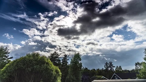 Sunny day many clouds fly swedish forest and house roofs before rain time Stock Footage 89976195