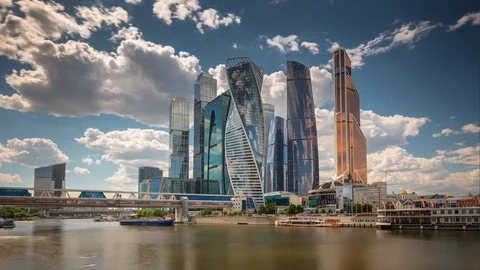Sunny day moscow modern city riverside panorama 4k timelapse russia Stock Footage