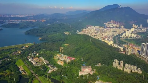Sunny day shenzhen city mountain park lake aerial panorama 4k china Stock Footage 83442353