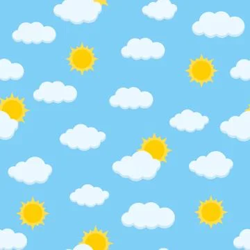 Sunny day sky cute vector seamless pattern with fluffy clouds and shining sun 스톡 일러스트