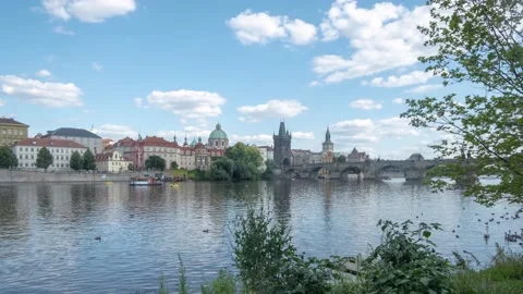 Sunny Day Timelapse of Karluv Most Bridge Prague Czech Republic with clouds Stock Footage 143075452