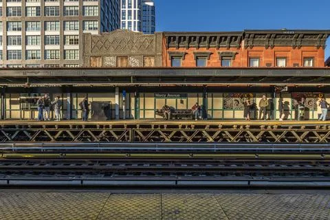 A sunny day view of the elevated Marcy Avenue subway station in NYC Stock Photos