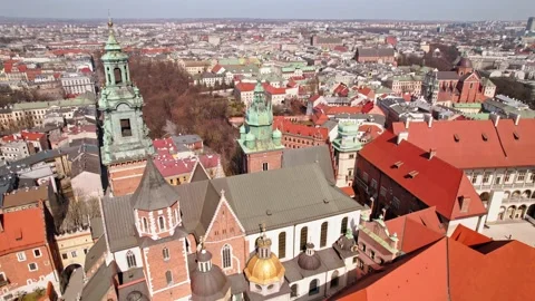 Sunny Day Warm Fly Back Reveal Clock Tower Living Quarters City View Drone Stock Footage 235559367