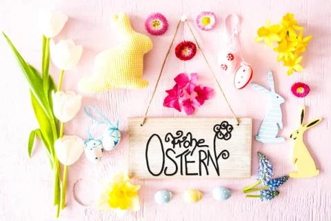 Sunny Easter Flat Lay, Sign, Calligraphy Frohe Ostern Means Happy Easter Stock Photos