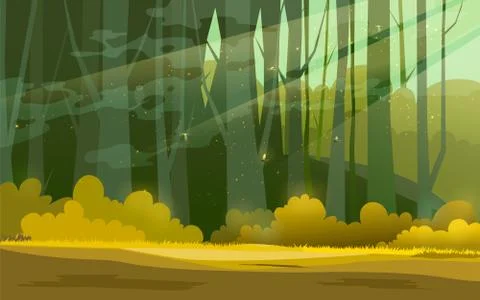 Sunny forest background. Vector illustration of woods in forest in sunlight Illustrazione stock