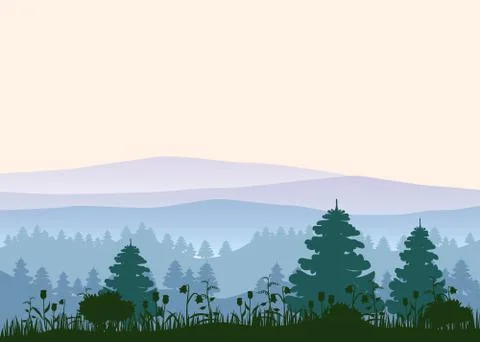 Sunny forest background. Vector illustration of woods in forest in sunlight Stock Illustration