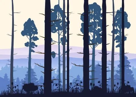 Sunny forest background. Vector illustration of woods in forest in sunlight Stock Illustration