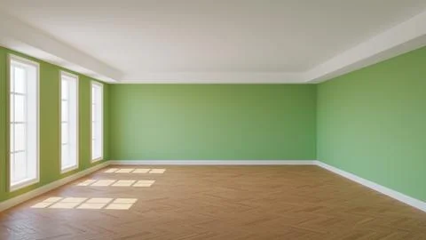 Sunny Interior of the Empty Room with Green Walls, Three Windows, White Cornice Stock-Illustration