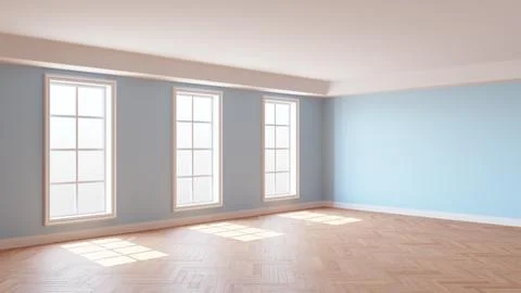 Sunny Interior with Light Blue Walls, Three Large Windows, White Ceiling Stock Illustration
