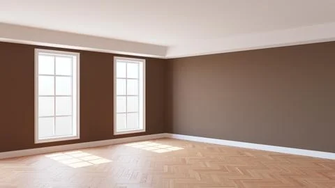 Sunny Interior ot the Empty Brown Room with a White Ceiling and Cornice Stock Illustration