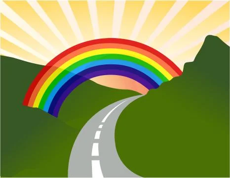 Sunny landscape with rainbow Ilustración de archivo