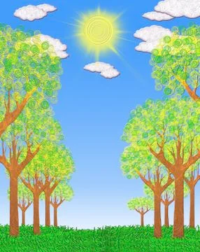 Sunny landscape with trees Stock Illustration