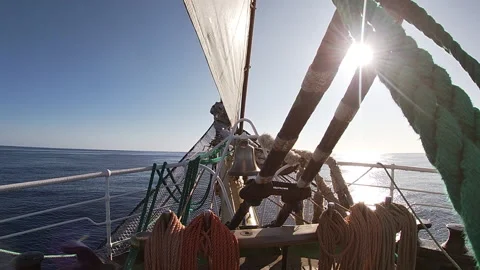 Sunny ocean view from the bow of the sailing ship Stock Footage 155122117