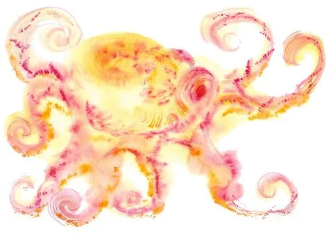 Sunny ruby-yellow octopus with an oval head, large eyes and gracefully curled te Stock Illustration