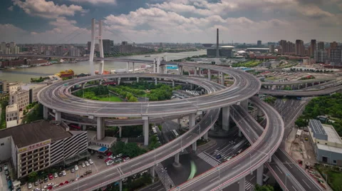 Sunny shadow sky traffic flyover road 4k time lapse from shanghai city Stock Footage 46556212