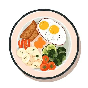 Sunny-Side Up Delight: Fried Eggs with Vegetables - Cartoon Style Vector Illustr Stock Illustration