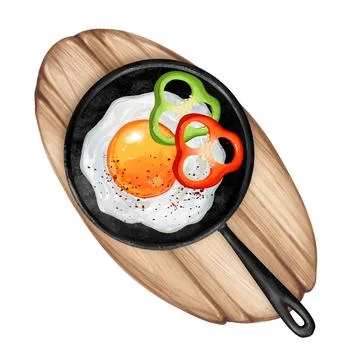 Sunny side up egg, cast iron pans top view, illustration on white background. Stock Illustration