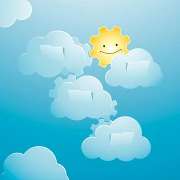 Sunny sky background featuring technology elements and a happy sun figure イラスト素材