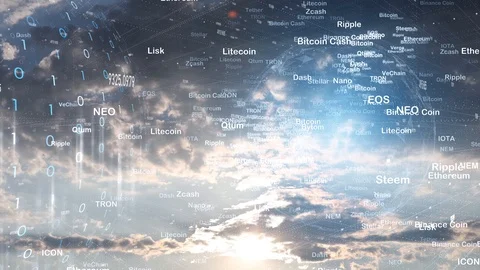 Sunny sky with clouds and cryptocurrency tags Vídeos de archivo 125445718