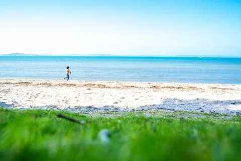 Sunny spring day at ocean beach in New Zealand. Stock-Fotos