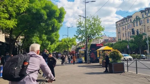 Sunny spring day at Terazije in central Belgrade, Serbia, with the historic Stockbeeldmateriaal 341664655