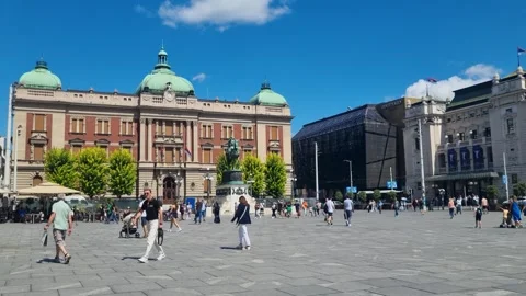 Sunny spring scene at Republic Square in central Belgrade, Serbia, with Prince Stock Footage 346173152