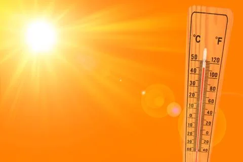 Sunny summer background with the thermometer marking a temperature over 40 de 스톡 일러스트