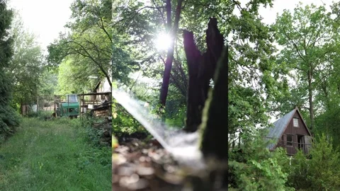Sunny summer countryside with rustic cabin Stock Footage 340136247