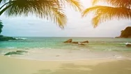 A Sunny Tropical Beach With Palm Leaves On The Sky Background Stock Footage