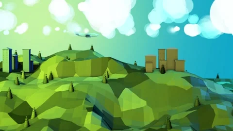 Sunny Valley. Polygonal design. View of the mountains and the town. 動画素材 252255197