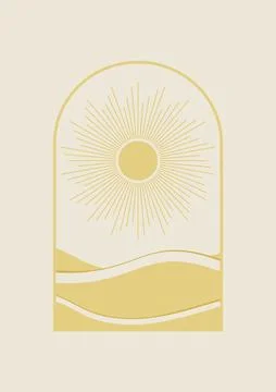 Sunny valley view landscape background illustration poster. Botanical art. Stock Illustration