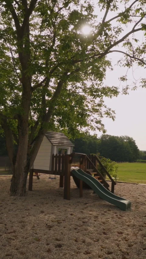 Sunny Vertical Playground Scene with Treehouse and Slide in Lush Outdoor Setting Stock Footage 340001497