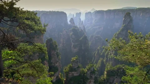Sunny view of Avatar Mountains. Camera moving through view point in Zhangjiajie Video stock 223551639
