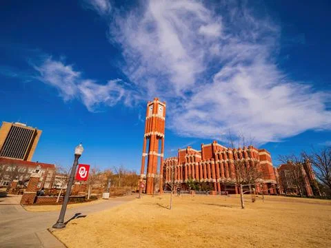 Sunny view of The clock tower of OU Stock Photos