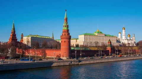 Sunny view at Kremlin complex at Moscow river bank Stock Footage 57227653