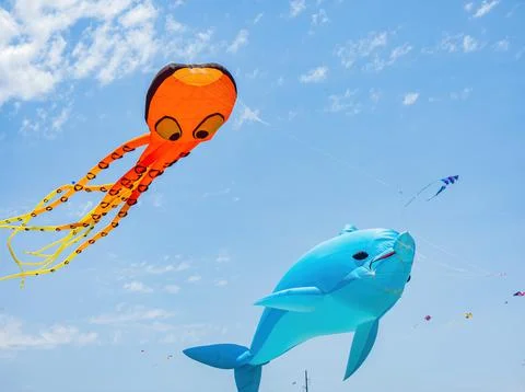 Sunny view of some kites flying Stock Photos