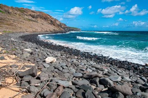 Sunny view of a stone beach. Stock Photos