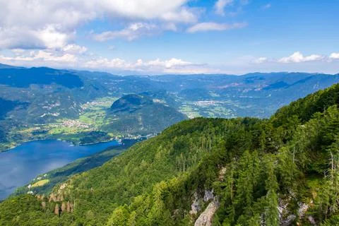 Sunny view from top of Vogel mountain in Bohinj, Slovenia. Stock Photos
