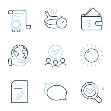 Sunny weather, Edit document and Frying pan icons set. Wallet, Talk bubble and Stock Illustration