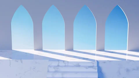 Sunny white space, wall with arch windows. 3d render, realistic design. Stock Footage 278542375