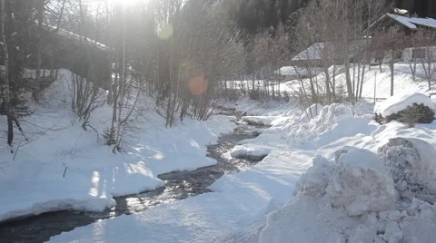 Sunny winter day with river Stock Footage 46127833